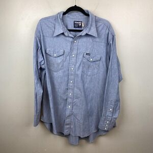 Vintage Wrangler Shirt Mens 19x35 Blue Chambray Western Pearl Snap‎ Made USA 90s